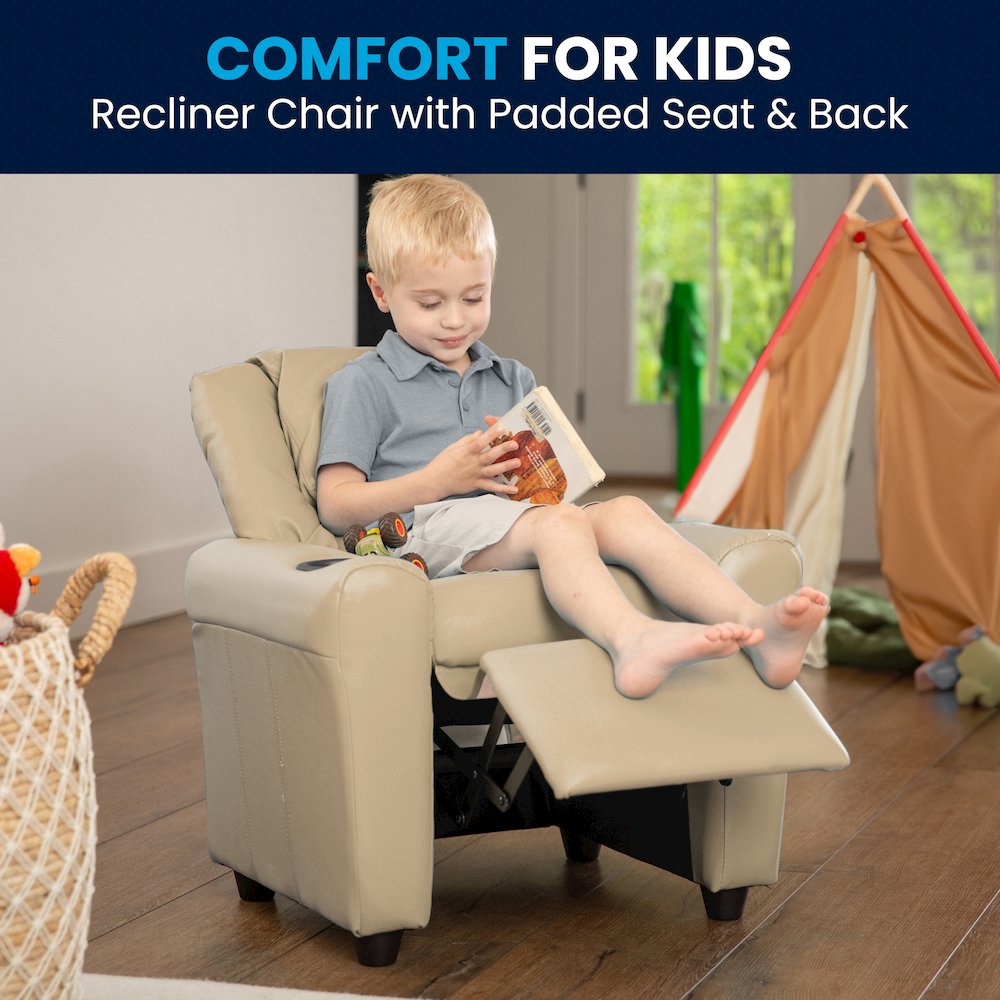 Contemporary Beige Vinyl Kids Recliner with Cup Holder and Headrest