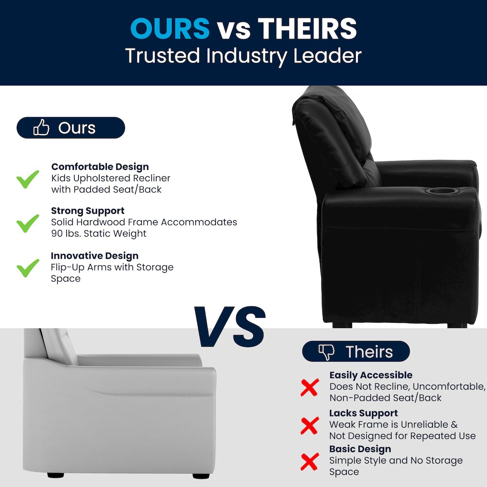 Contemporary Black LeatherSoft Kids Recliner with Cup Holder and Headrest