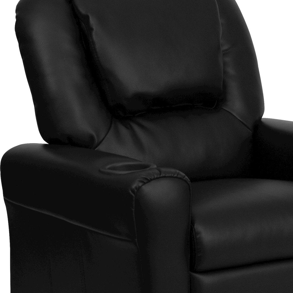 Contemporary Black LeatherSoft Kids Recliner with Cup Holder and Headrest