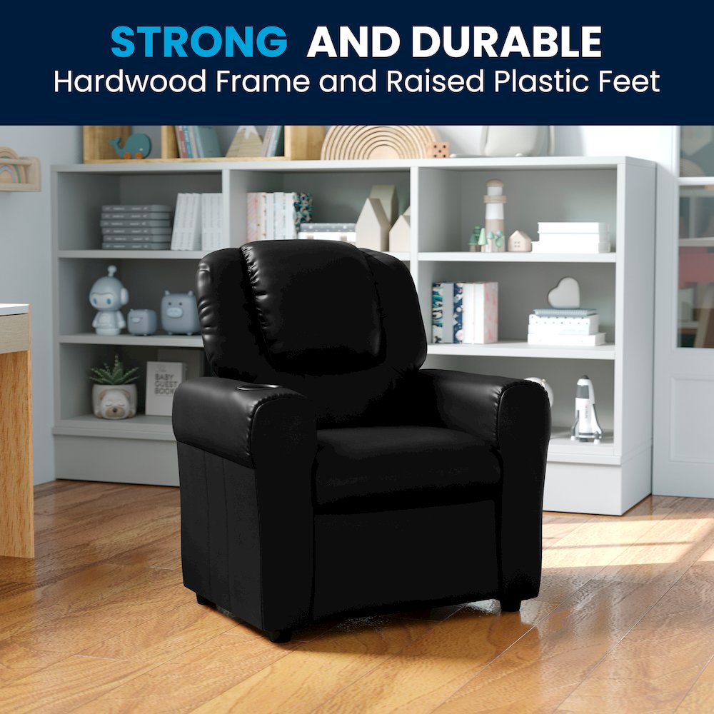 Contemporary Black LeatherSoft Kids Recliner with Cup Holder and Headrest