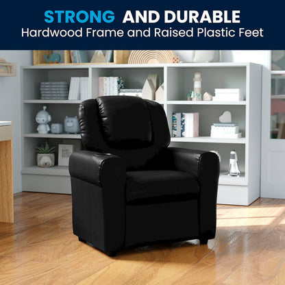 Contemporary Black LeatherSoft Kids Recliner with Cup Holder and Headrest