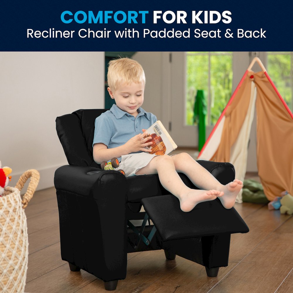 Contemporary Black LeatherSoft Kids Recliner with Cup Holder and Headrest