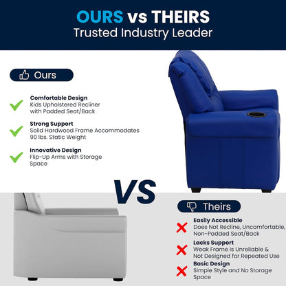 Contemporary Blue Vinyl Kids Recliner with Cup Holder and Headrest