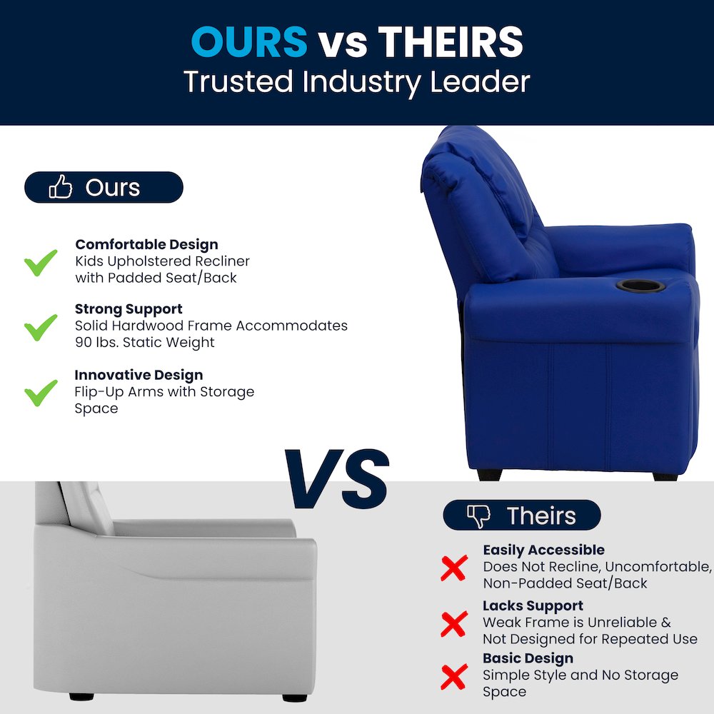 Contemporary Blue Vinyl Kids Recliner with Cup Holder and Headrest