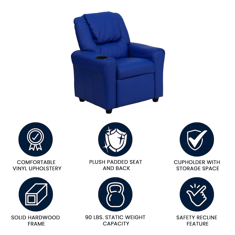 Contemporary Blue Vinyl Kids Recliner with Cup Holder and Headrest
