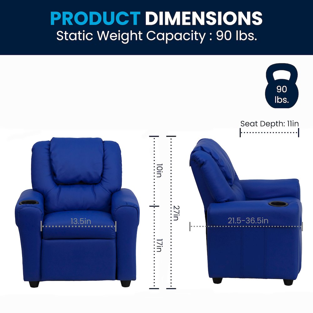 Contemporary Blue Vinyl Kids Recliner with Cup Holder and Headrest