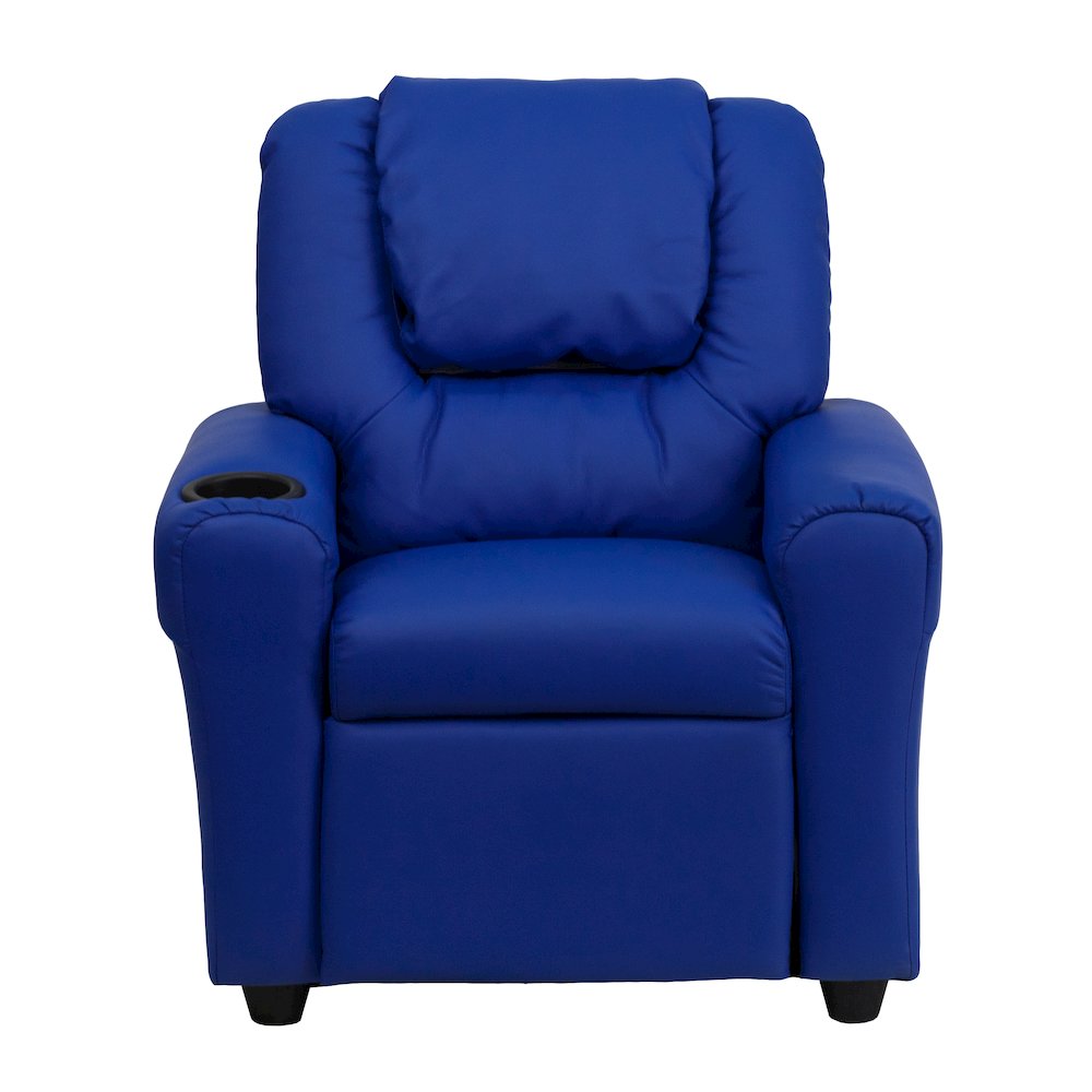 Contemporary Blue Vinyl Kids Recliner with Cup Holder and Headrest
