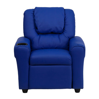 Contemporary Blue Vinyl Kids Recliner with Cup Holder and Headrest