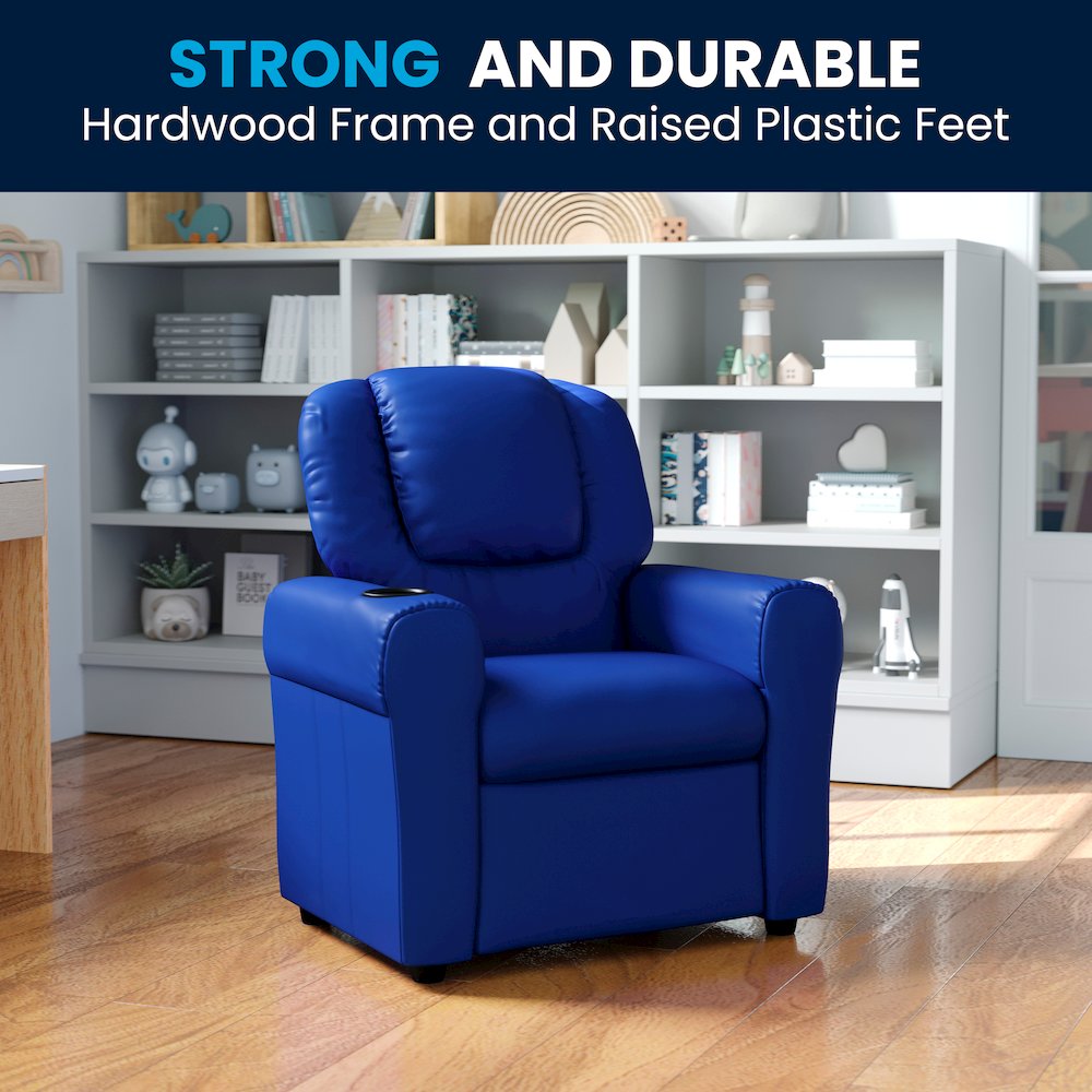 Contemporary Blue Vinyl Kids Recliner with Cup Holder and Headrest