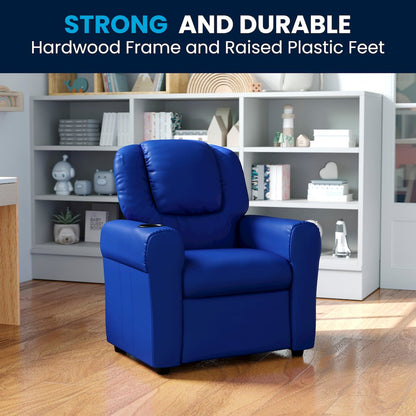 Contemporary Blue Vinyl Kids Recliner with Cup Holder and Headrest