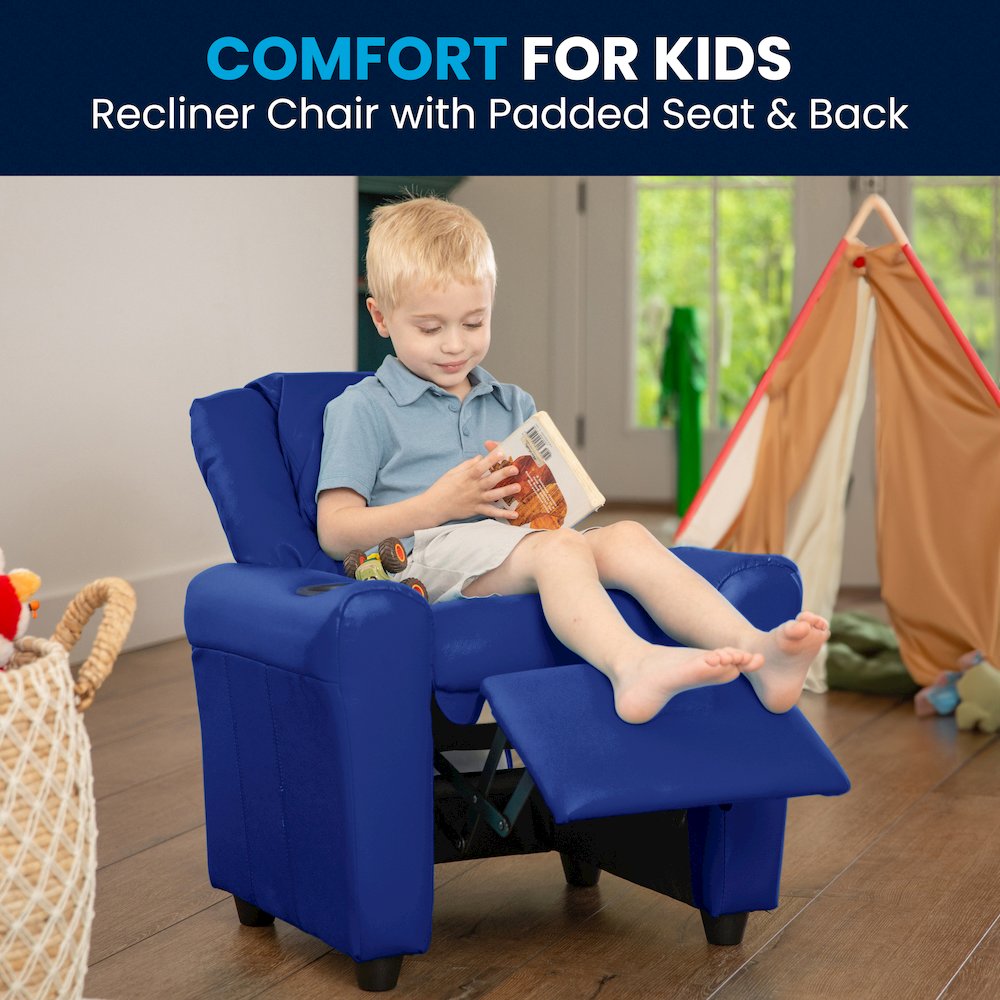 Contemporary Blue Vinyl Kids Recliner with Cup Holder and Headrest