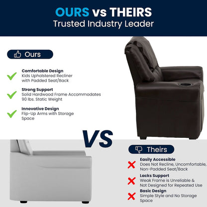 Contemporary Brown LeatherSoft Kids Recliner with Cup Holder and Headrest