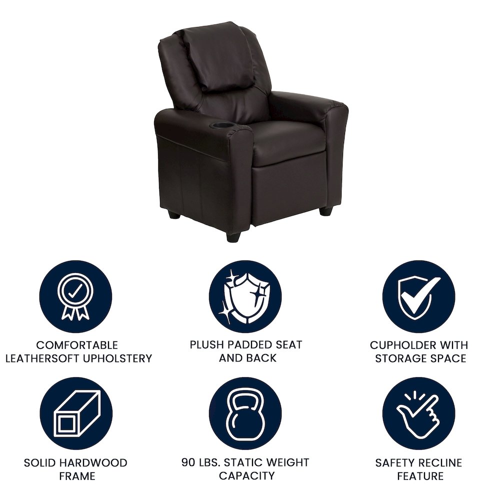 Contemporary Brown LeatherSoft Kids Recliner with Cup Holder and Headrest