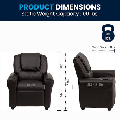 Contemporary Brown LeatherSoft Kids Recliner with Cup Holder and Headrest