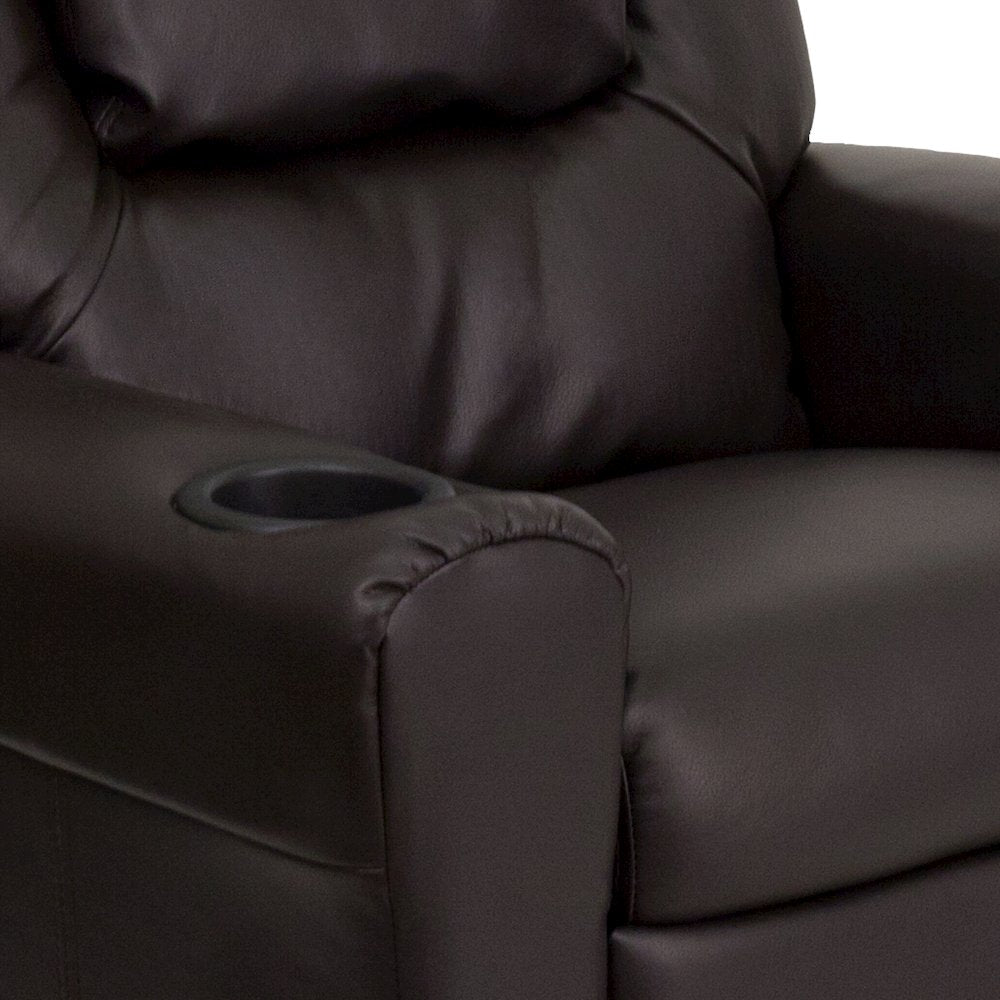 Contemporary Brown LeatherSoft Kids Recliner with Cup Holder and Headrest