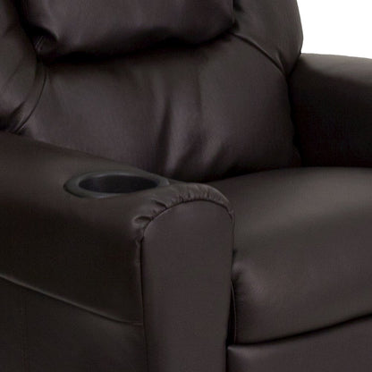 Contemporary Brown LeatherSoft Kids Recliner with Cup Holder and Headrest