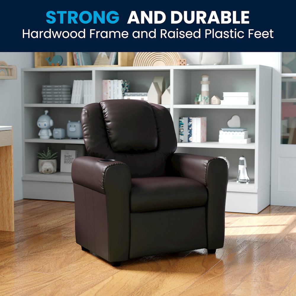Contemporary Brown LeatherSoft Kids Recliner with Cup Holder and Headrest