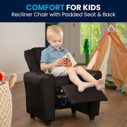 Contemporary Brown LeatherSoft Kids Recliner with Cup Holder and Headrest