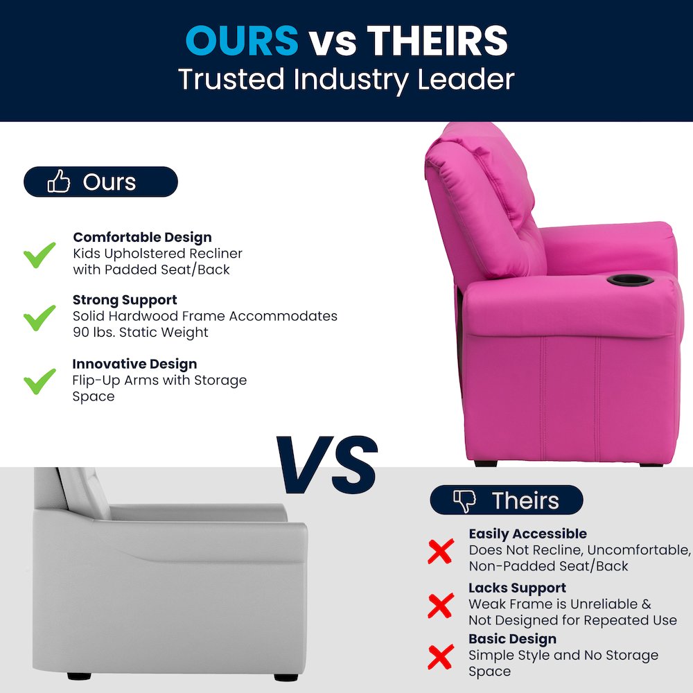 Contemporary Hot Pink Vinyl Kids Recliner with Cup Holder and Headrest