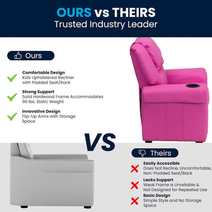 Contemporary Hot Pink Vinyl Kids Recliner with Cup Holder and Headrest