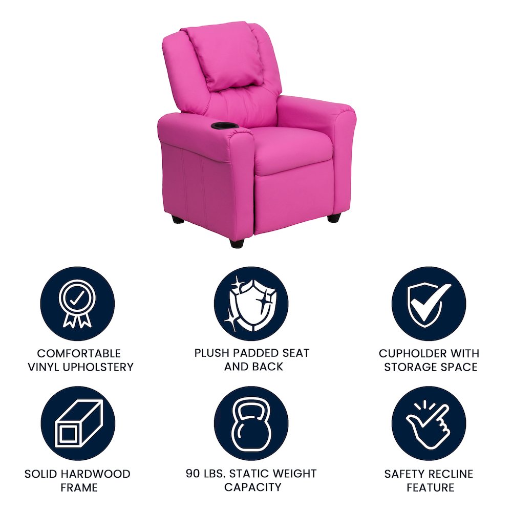 Contemporary Hot Pink Vinyl Kids Recliner with Cup Holder and Headrest