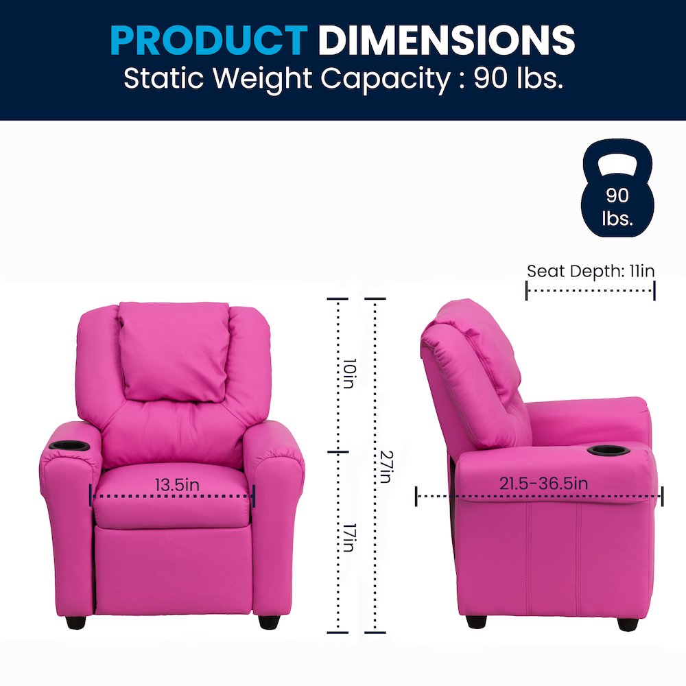 Contemporary Hot Pink Vinyl Kids Recliner with Cup Holder and Headrest