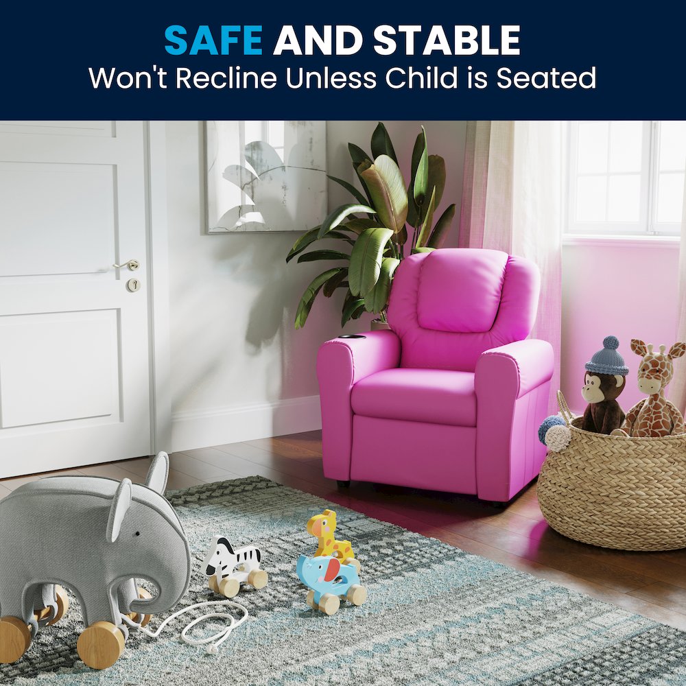 Contemporary Hot Pink Vinyl Kids Recliner with Cup Holder and Headrest