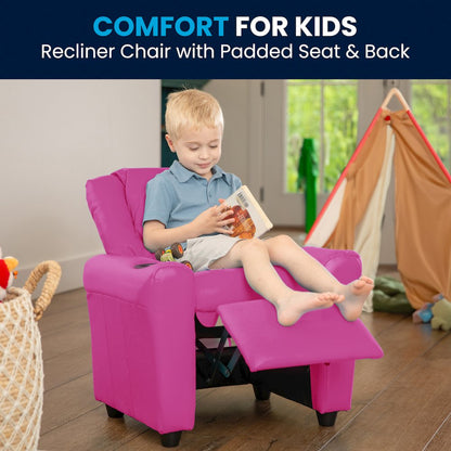 Contemporary Hot Pink Vinyl Kids Recliner with Cup Holder and Headrest
