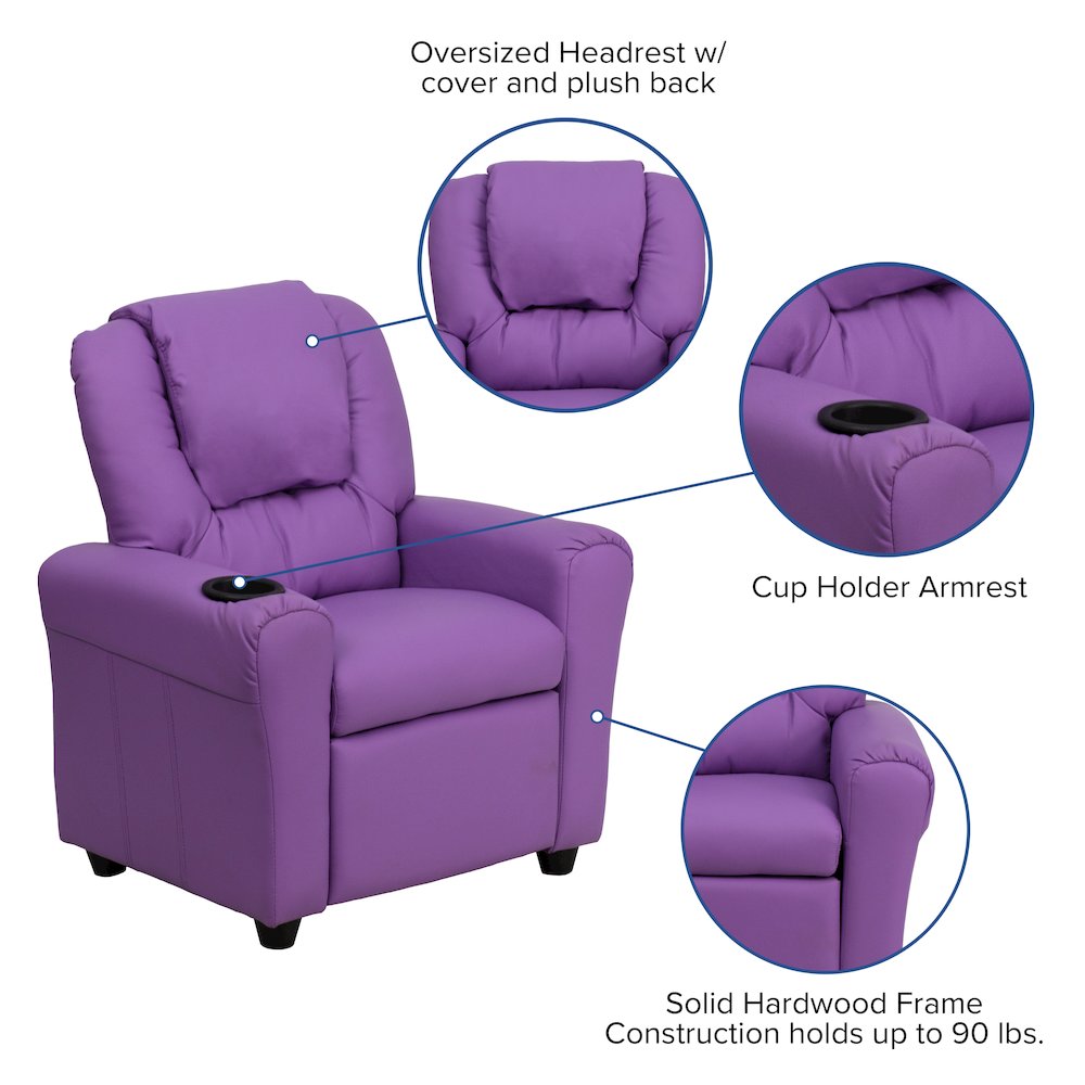 Contemporary Lavender Vinyl Kids Recliner with Cup Holder and Headrest