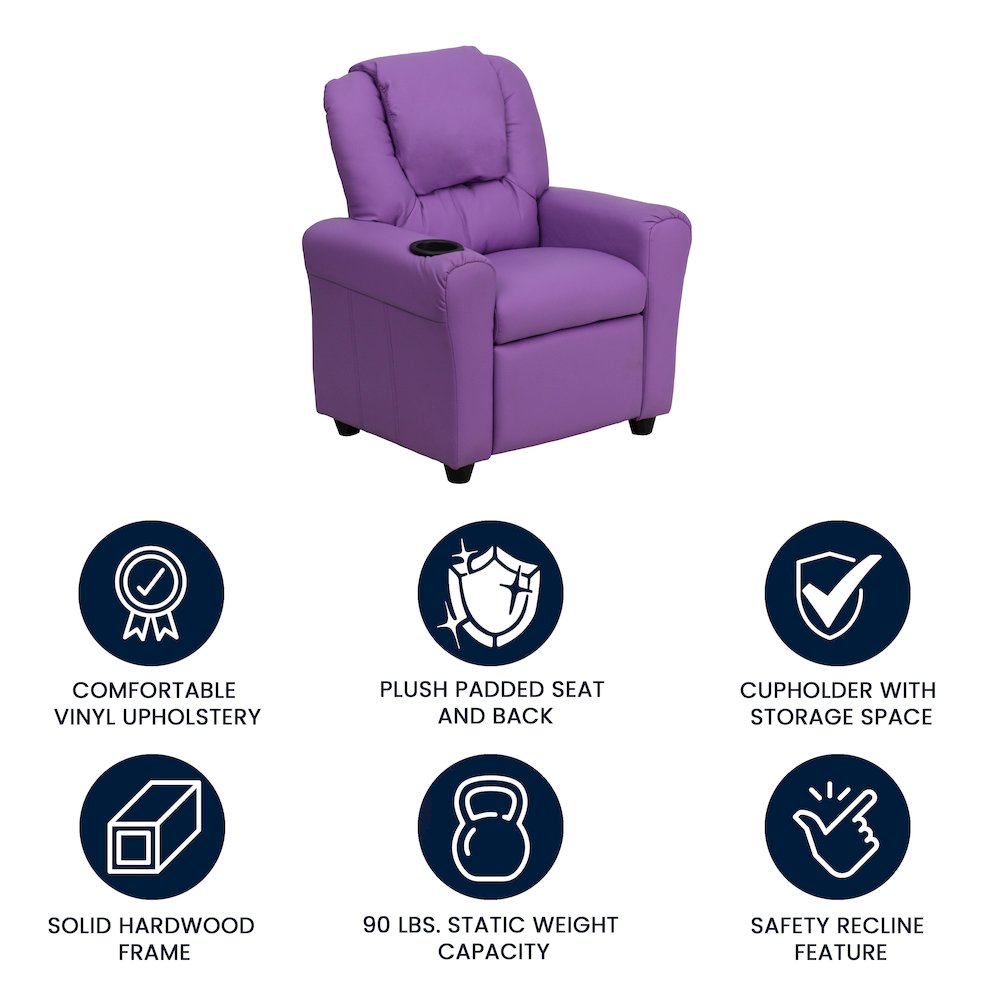 Contemporary Lavender Vinyl Kids Recliner with Cup Holder and Headrest