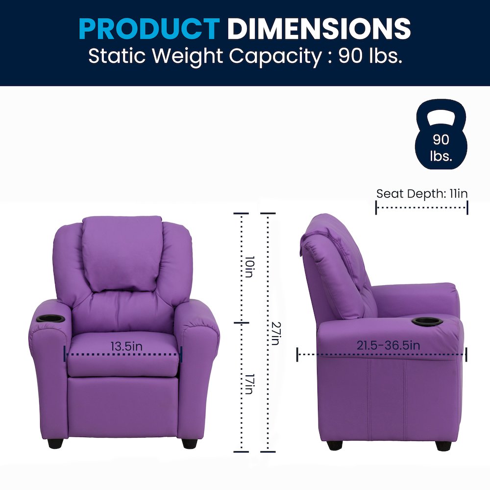 Contemporary Lavender Vinyl Kids Recliner with Cup Holder and Headrest