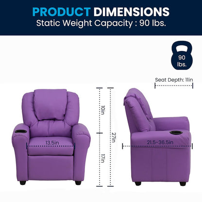 Contemporary Lavender Vinyl Kids Recliner with Cup Holder and Headrest