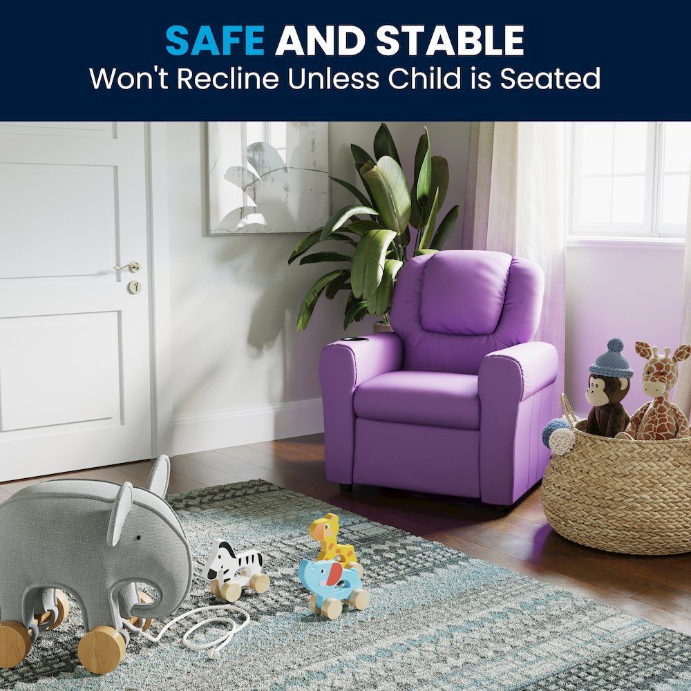 Contemporary Lavender Vinyl Kids Recliner with Cup Holder and Headrest