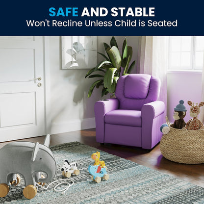 Contemporary Lavender Vinyl Kids Recliner with Cup Holder and Headrest