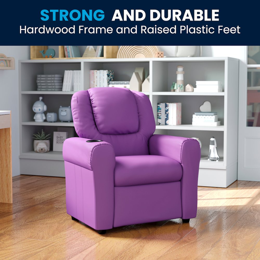 Contemporary Lavender Vinyl Kids Recliner with Cup Holder and Headrest