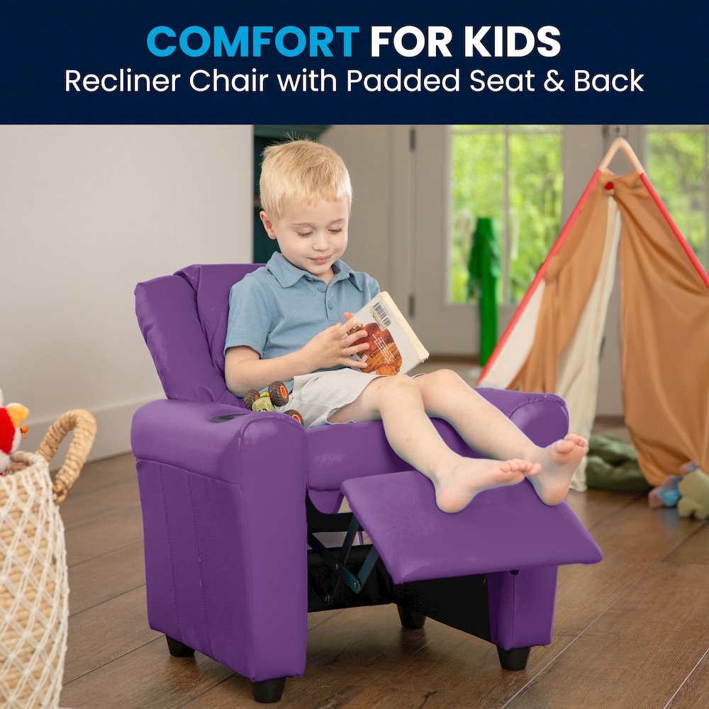 Contemporary Lavender Vinyl Kids Recliner with Cup Holder and Headrest
