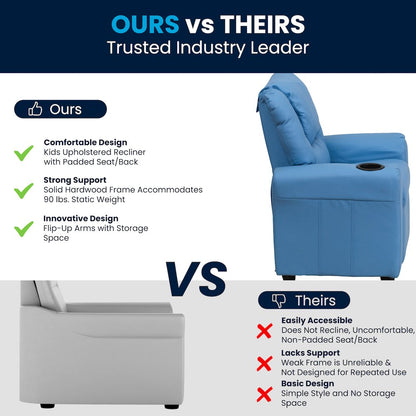 Contemporary Light Blue Vinyl Kids Recliner with Cup Holder and Headrest