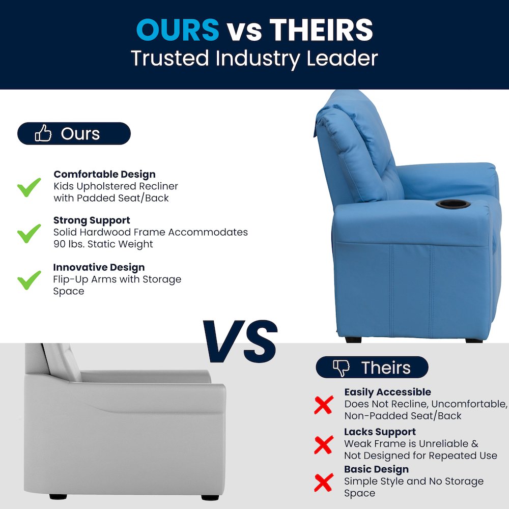 Contemporary Light Blue Vinyl Kids Recliner with Cup Holder and Headrest