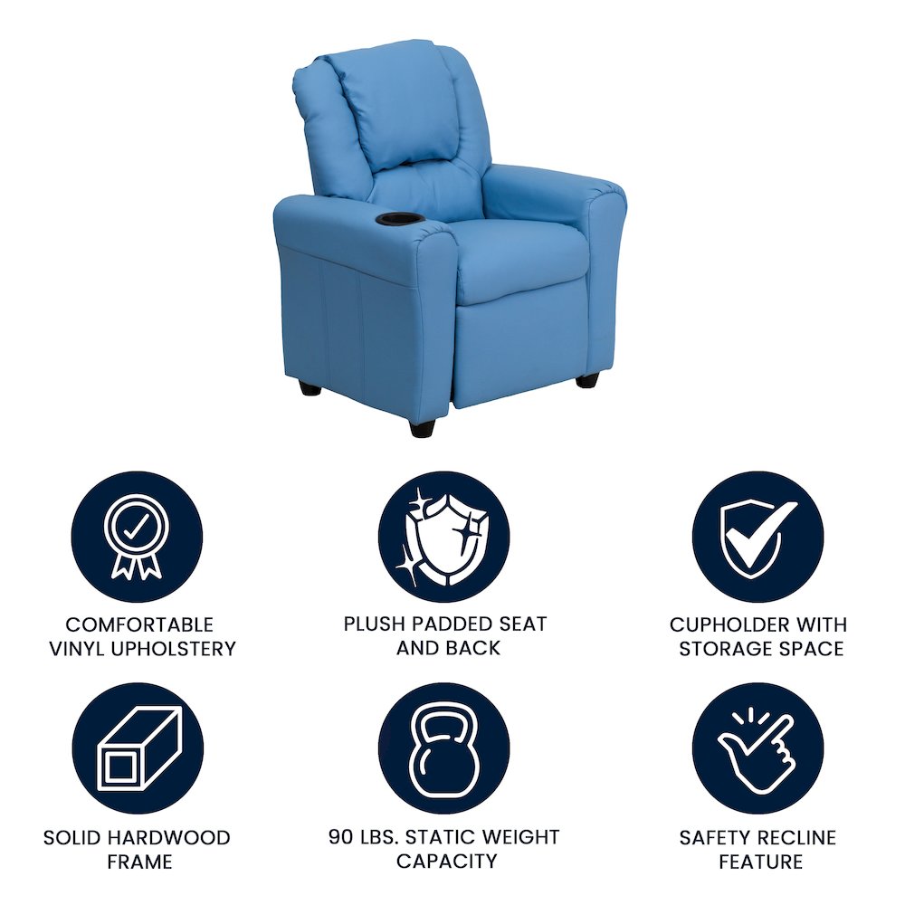 Contemporary Light Blue Vinyl Kids Recliner with Cup Holder and Headrest