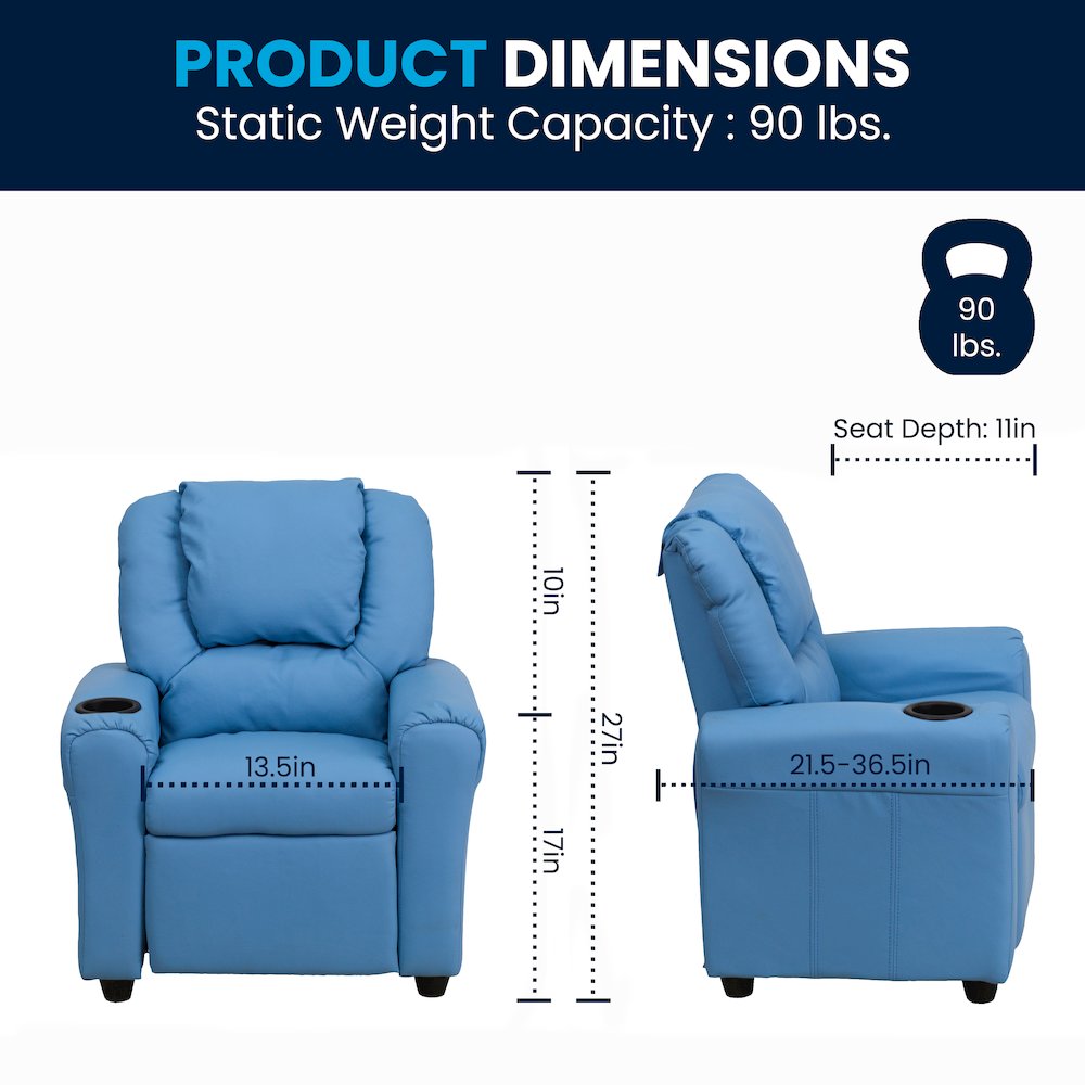 Contemporary Light Blue Vinyl Kids Recliner with Cup Holder and Headrest