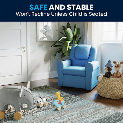 Contemporary Light Blue Vinyl Kids Recliner with Cup Holder and Headrest