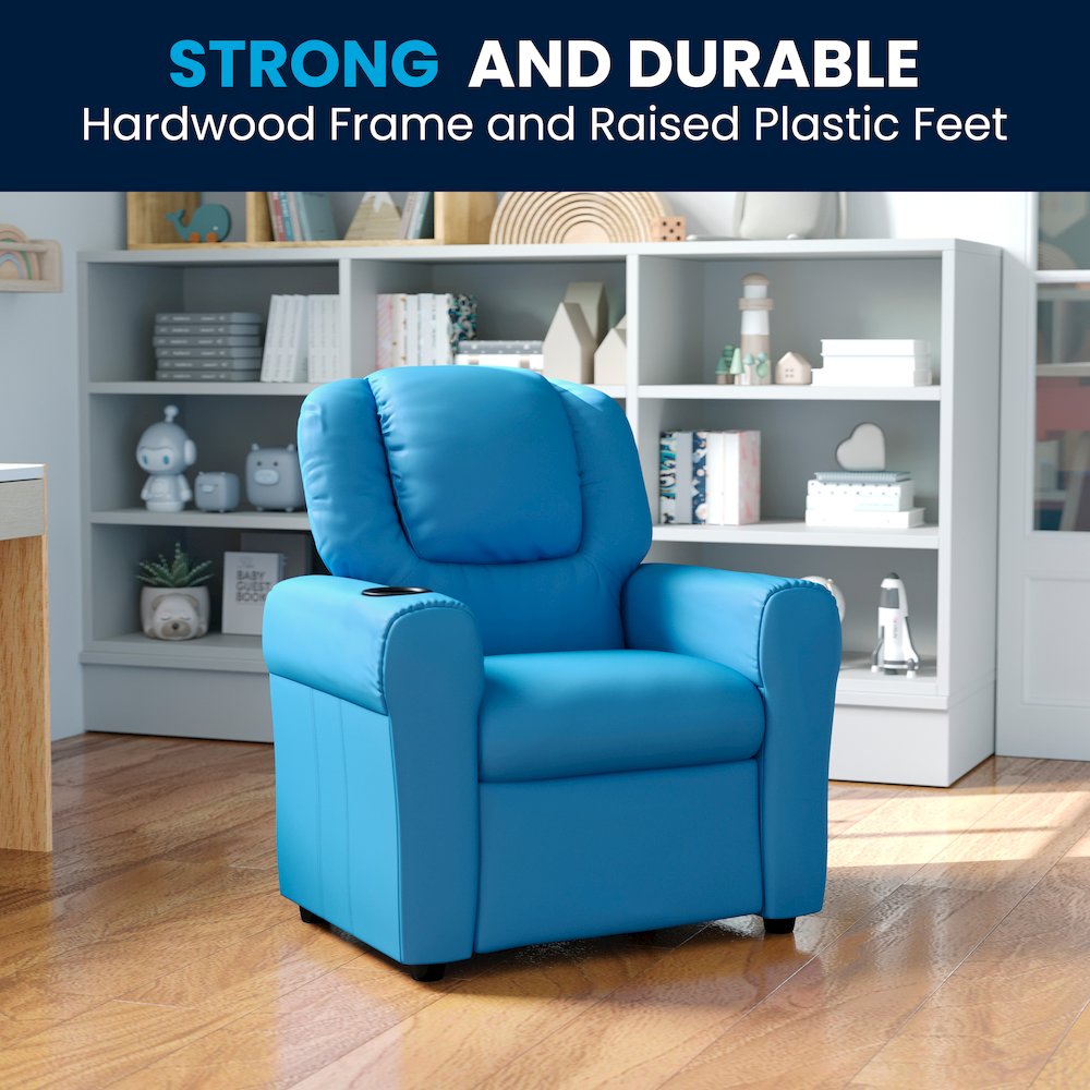 Contemporary Light Blue Vinyl Kids Recliner with Cup Holder and Headrest