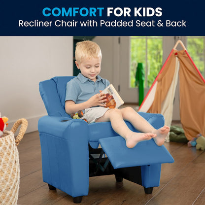 Contemporary Light Blue Vinyl Kids Recliner with Cup Holder and Headrest