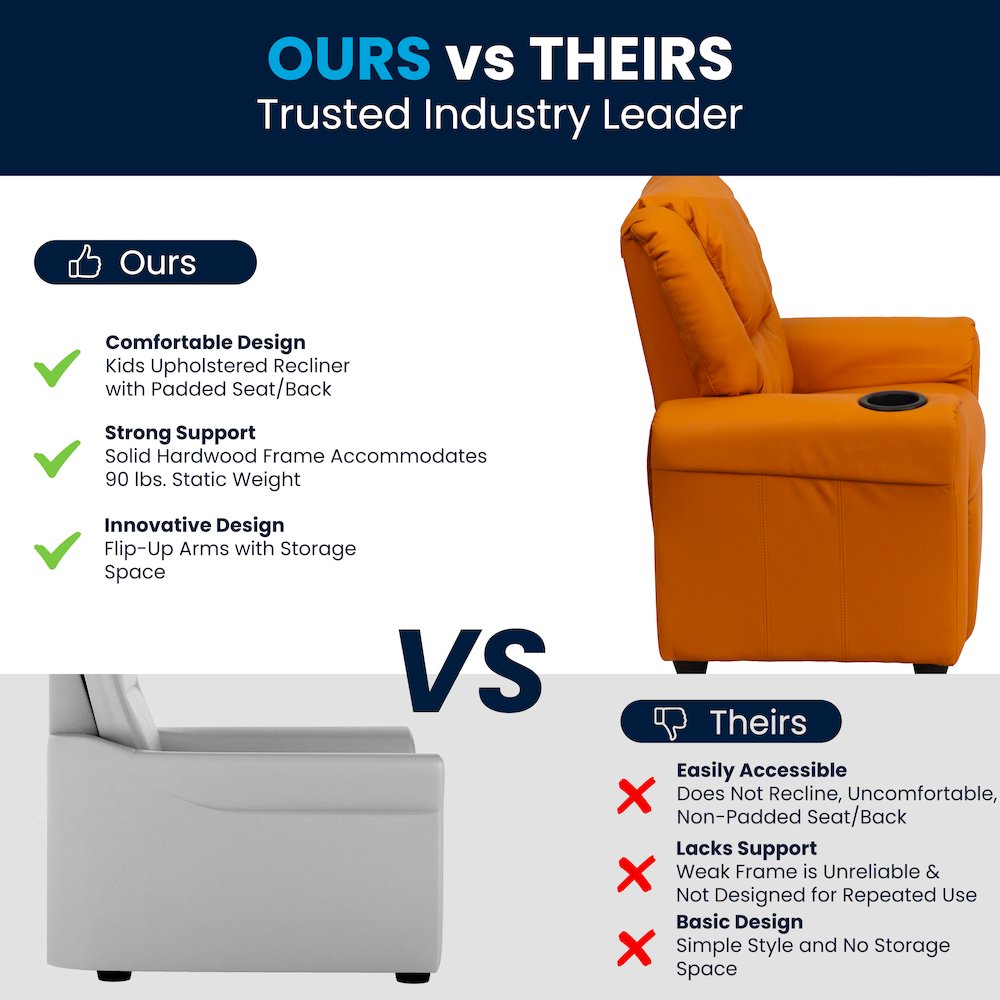 Contemporary Orange Vinyl Kids Recliner with Cup Holder and Headrest