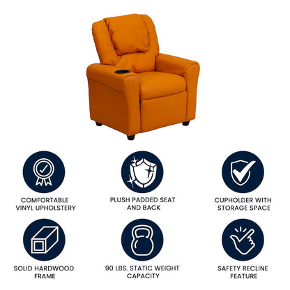 Contemporary Orange Vinyl Kids Recliner with Cup Holder and Headrest