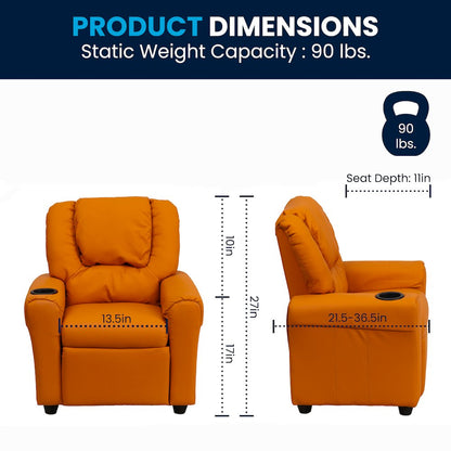 Contemporary Orange Vinyl Kids Recliner with Cup Holder and Headrest