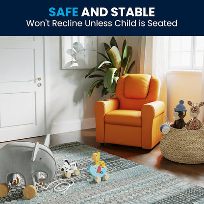 Contemporary Orange Vinyl Kids Recliner with Cup Holder and Headrest