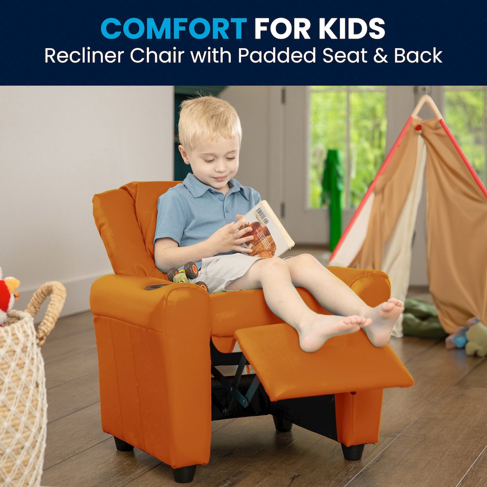 Contemporary Orange Vinyl Kids Recliner with Cup Holder and Headrest