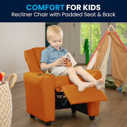 Contemporary Orange Vinyl Kids Recliner with Cup Holder and Headrest