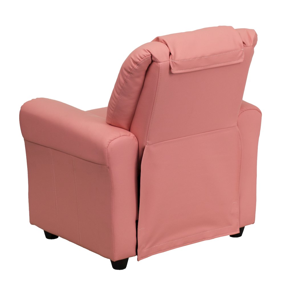 Contemporary Pink Vinyl Kids Recliner with Cup Holder and Headrest